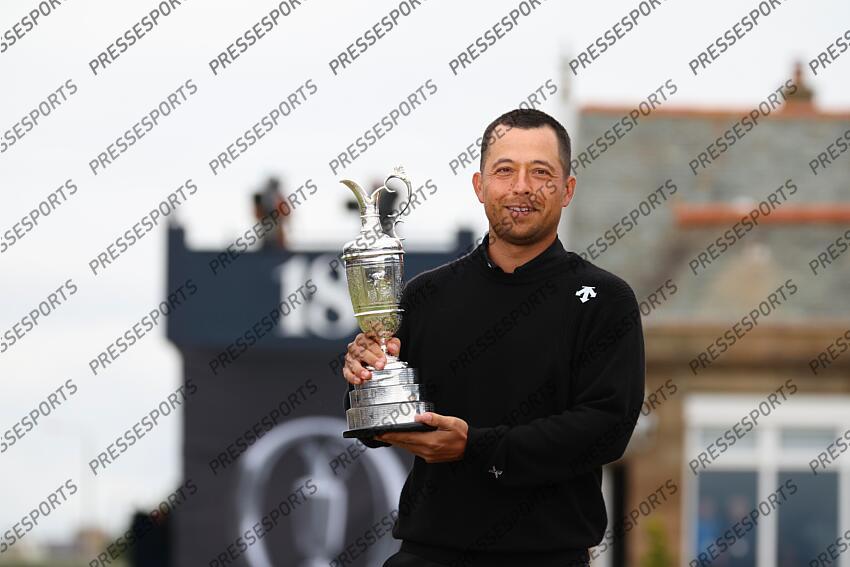 United States' Xander Schauffele celebrates with the Claret Jug trophy after winning the 2024 British Open Golf Championships at the Royal Troon golf club in Troon, Scotland, on July 21, 2024. (Photo by Koji Aoki/AFLO SPORT) 2024 British Open Golf Championships 