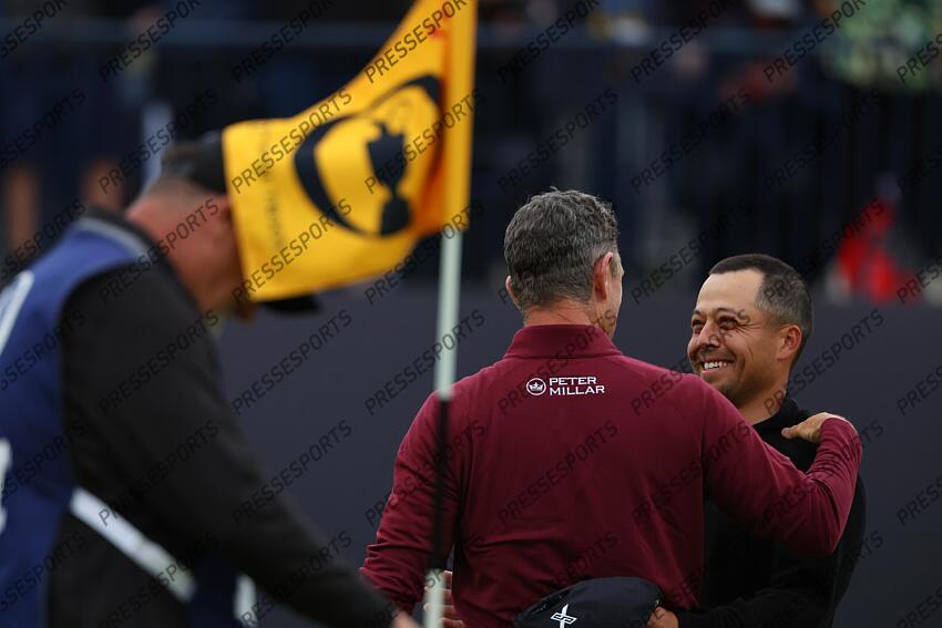 England's Justin Rose and United States' Xander Schauffele on the 13th hole during the day 4 of the 2024 British Open Golf Championships at the Royal Troon golf club in Troon, Scotland, on July 21, 2024. (Photo by Koji Aoki/AFLO SPORT) 2024 British Open Golf Championships 
