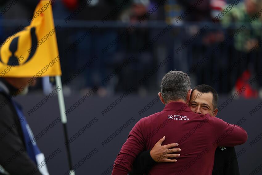 England's Justin Rose and United States' Xander Schauffele on the 13th hole during the day 4 of the 2024 British Open Golf Championships at the Royal Troon golf club in Troon, Scotland, on July 21, 2024. (Photo by Koji Aoki/AFLO SPORT) 2024 British Open Golf Championships 