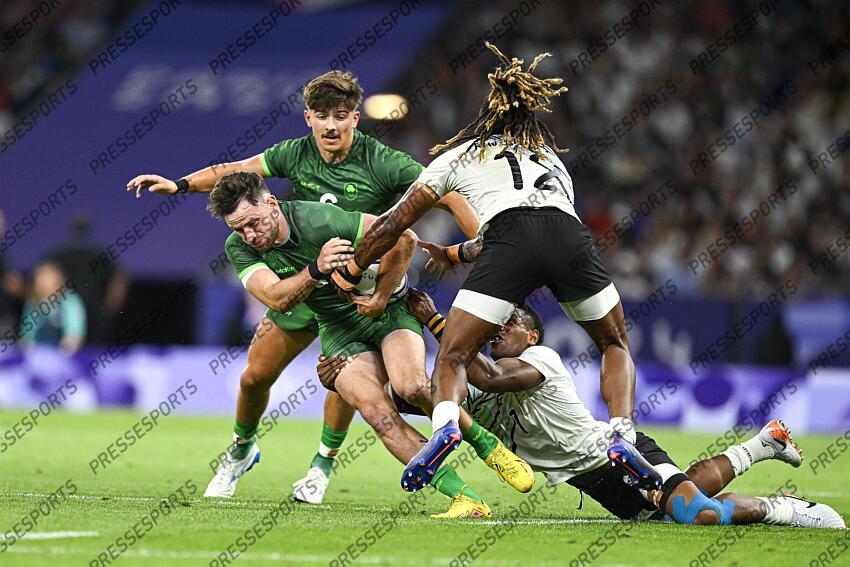 Irish Hugo Keenan during the Olympic Games Rugby Seven men’s match between Fiji and Ireland at Stade de France in Saint-Denis near Paris, France on July 25, 2024. SOIREE 25 JUILLET 