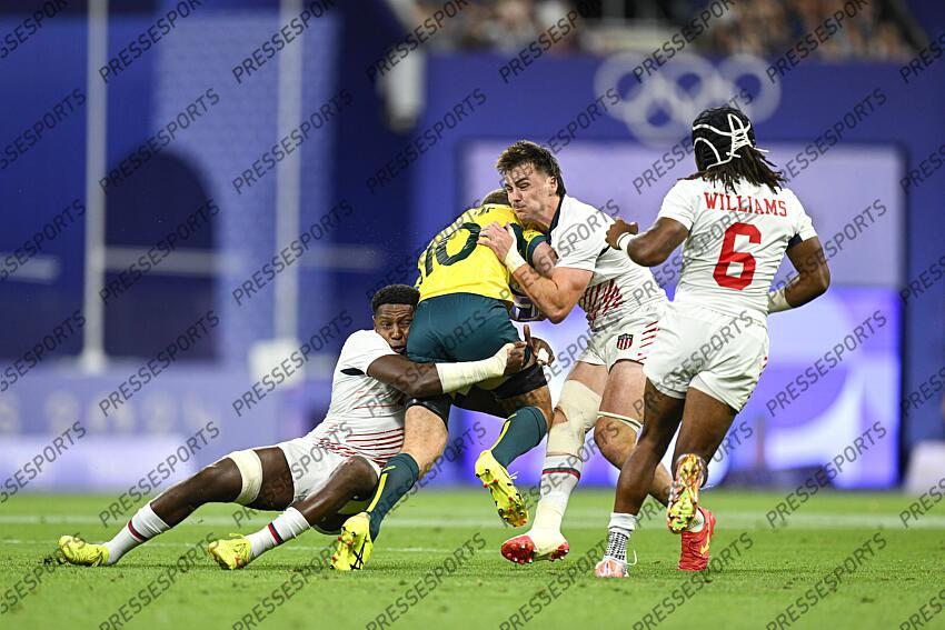 Aaron Cummings and Orrin Bizer during the Olympic Games Rugby Seven men’s match between USA v Australia at Stade de France in Saint-Denis near Paris, France on July 25, 2024. SOIREE 25 JUILLET 