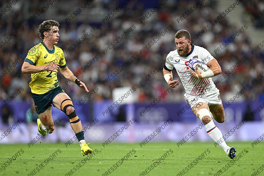 Steve Tomasin and Ben Dowling during the Olympic Games Rugby Seven men’s match between USA v Australia at Stade de France in Saint-Denis near Paris, France on July 25, 2024. SOIREE 25 JUILLET 