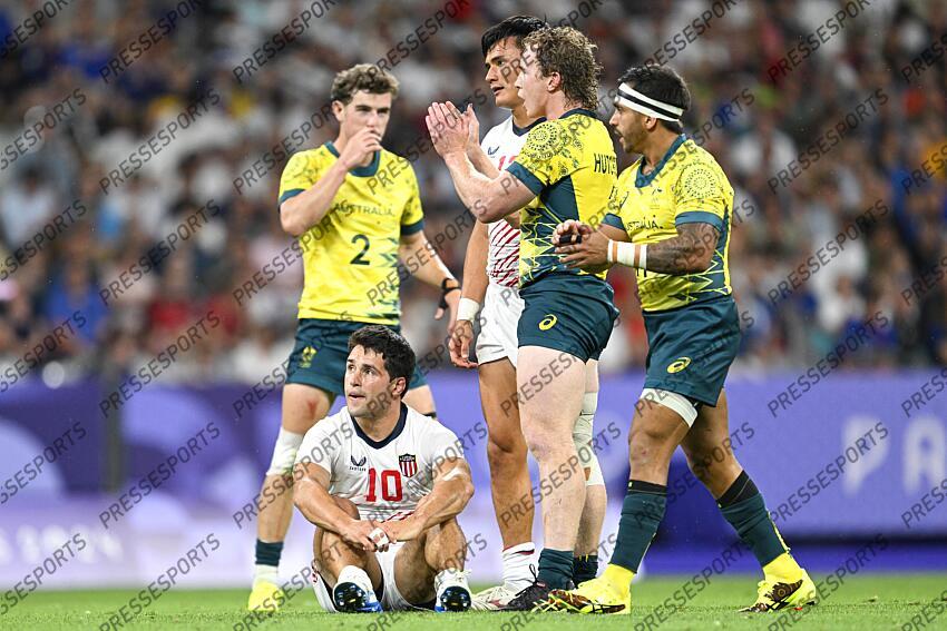 Madison Hughes during the Olympic Games Rugby Seven men’s match between USA v Australia at Stade de France in Saint-Denis near Paris, France on July 25, 2024. SOIREE 25 JUILLET 