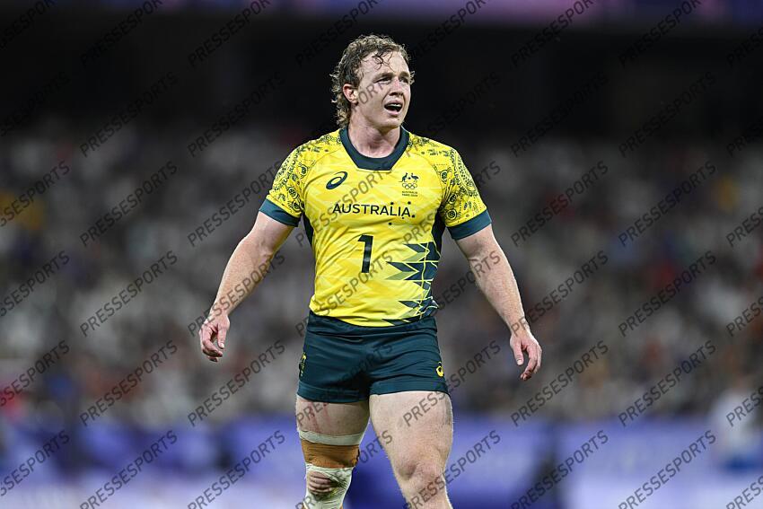 Henry Hutchison during the Olympic Games Rugby Seven men’s match between USA v Australia at Stade de France in Saint-Denis near Paris, France on July 25, 2024. SOIREE 25 JUILLET 