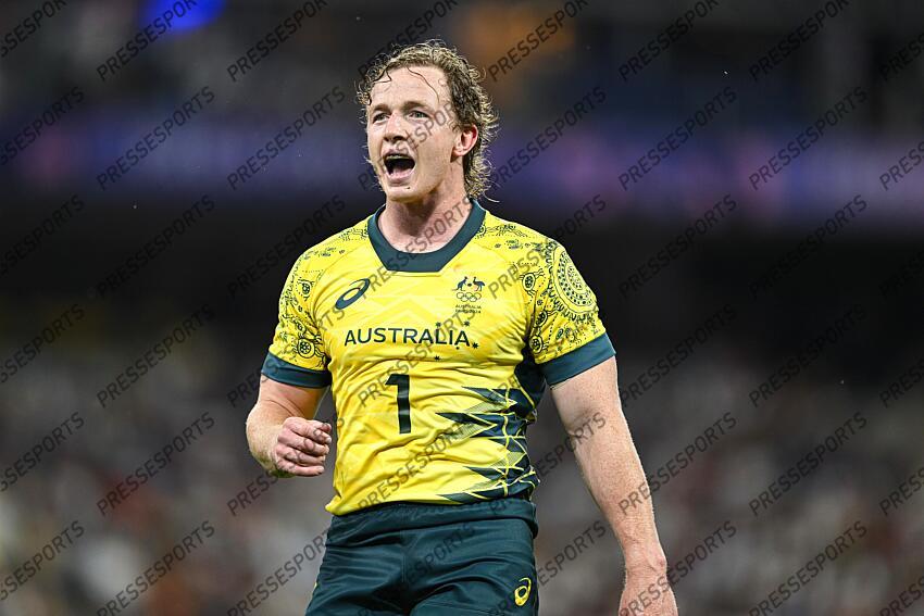 Henry Hutchison during the Olympic Games Rugby Seven men’s match between USA v Australia at Stade de France in Saint-Denis near Paris, France on July 25, 2024. SOIREE 25 JUILLET 