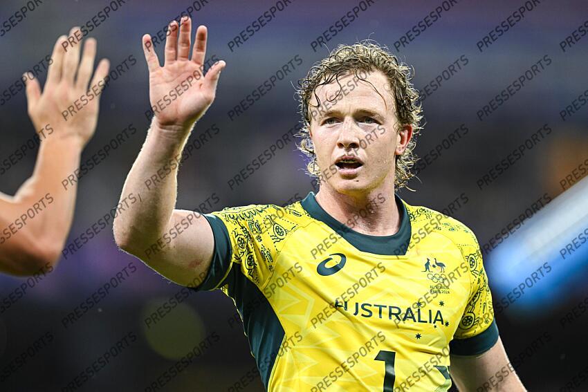 Henry Hutchison during the Olympic Games Rugby Seven men’s match between USA v Australia at Stade de France in Saint-Denis near Paris, France on July 25, 2024. SOIREE 25 JUILLET 