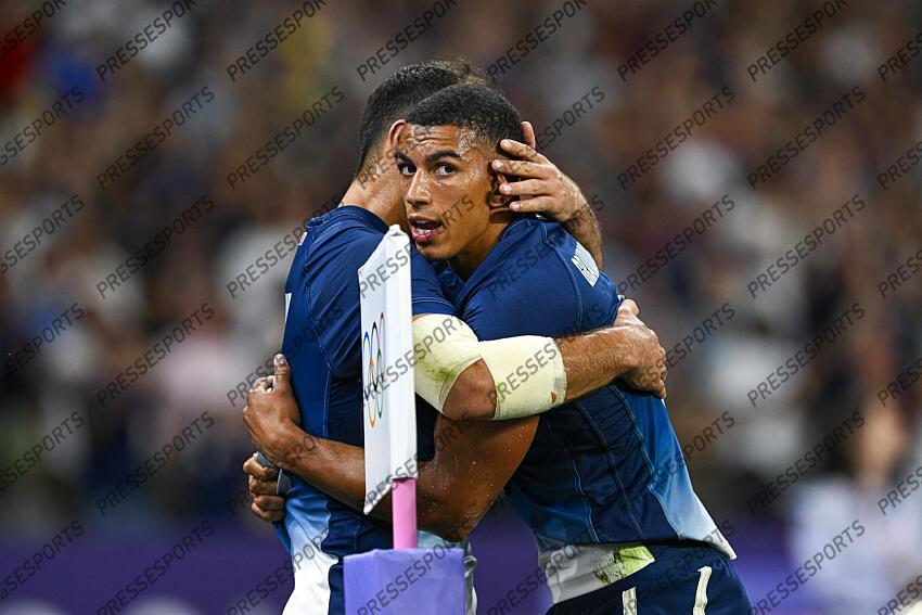 Paulin Riva and Aaron Grandidier Nkanang during the Olympic Games Rugby Seven men’s match between France v Argentina at Stade de France in Saint-Denis near Paris, France on July 25, 2024. SOIREE 25 JUILLET 