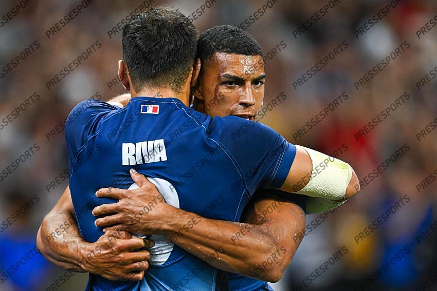 Paulin Riva and Aaron Grandidier Nkanang during the Olympic Games Rugby Seven men’s match between France v Argentina at Stade de France in Saint-Denis near Paris, France on July 25, 2024. SOIREE 25 JUILLET 