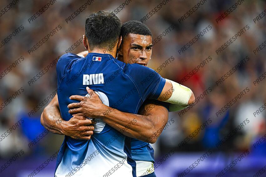 Paulin Riva and Aaron Grandidier Nkanang during the Olympic Games Rugby Seven men’s match between France v Argentina at Stade de France in Saint-Denis near Paris, France on July 25, 2024. SOIREE 25 JUILLET 