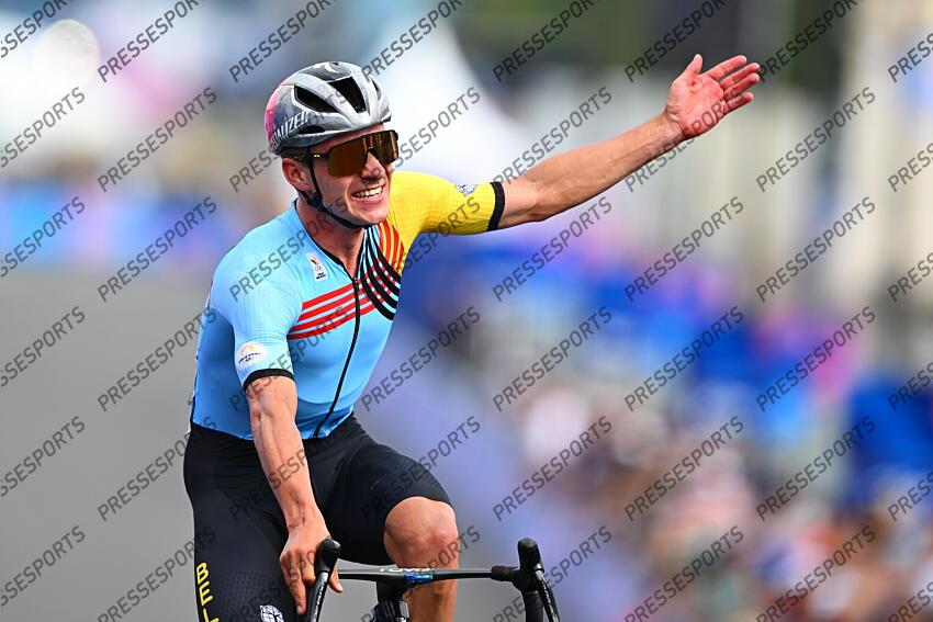 PARIS, FRANCE - AUGUST 03 : Evenepoel Remco (BEL) Cycling - Road - Road Race (Male) celebrating his victory under the Eiffel Tower pictured during Men's road race on day 7 of the XXXIII Paris 2024 Summer Olympic Games on August 3, 2024 in Paris, France, 03/08/2024 ( Photo by Vincent Kalut / Photonews ROUTE HOMMES 