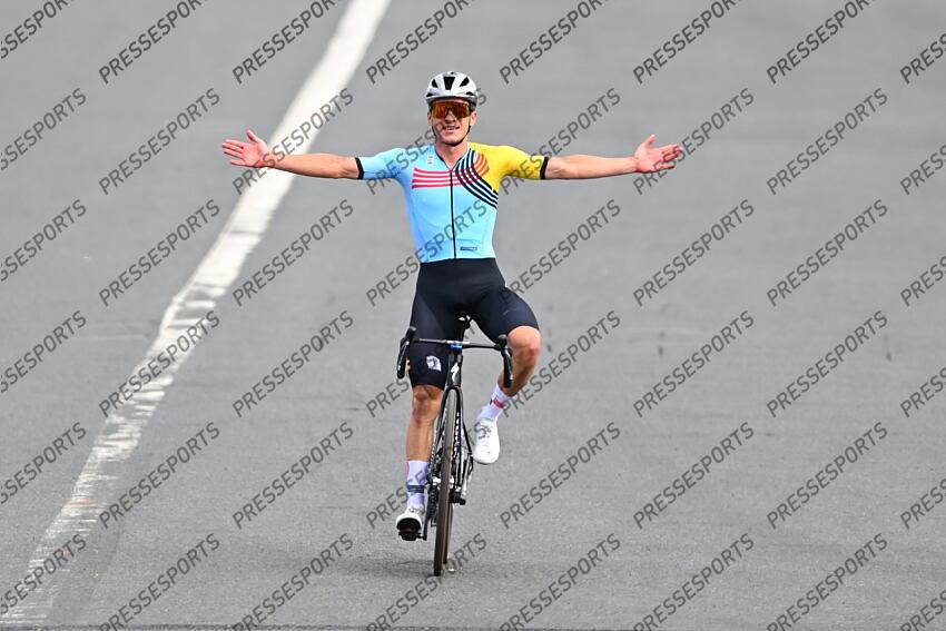PARIS, FRANCE - AUGUST 03 : Evenepoel Remco (BEL) Cycling - Road - Road Race (Male) celebrating his victory under the Eiffel Tower pictured during Men's road race on day 7 of the XXXIII Paris 2024 Summer Olympic Games on August 3, 2024 in Paris, France, 03/08/2024 ( Photo by Vincent Kalut / Photonews ROUTE HOMMES 
