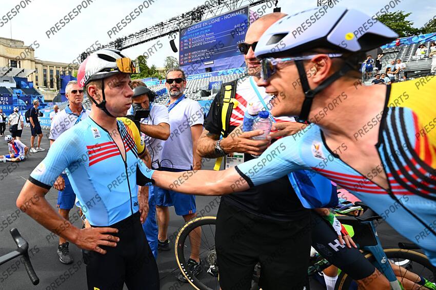 PARIS, FRANCE - AUGUST 03 : Evenepoel Remco (BEL) Cycling - Road - Road Race (Male) celebrating his victory with Stuyven Jasper (BEL) Cycling - Road - Road Race (Male) pictured during Men's road race on day 7 of the XXXIII Paris 2024 Summer Olympic Games on August 3, 2024 in Paris, France, 03/08/2024 ( Photo by Vincent Kalut / Photonews ROUTE HOMMES 