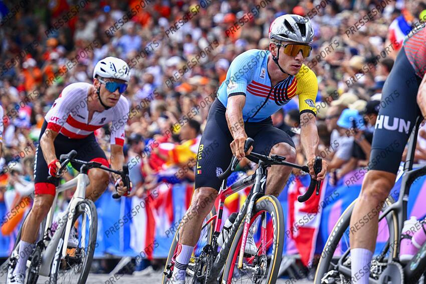 PARIS, FRANCE - AUGUST 03 : Evenepoel Remco (BEL) Cycling - Road - Road Race (Male) in action in front of the basilique du Sacré-CSur de Montmartre pictured during Men's road race on day 7 of the XXXIII Paris 2024 Summer Olympic Games on August 3, 2024 in Paris, France, 03/08/2024 ( Photo by Gregory Van Gansen / Photonews ROUTE HOMMES 