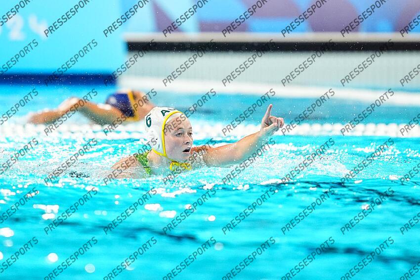 Abby Andrews of Australia celebrates a goal during Women's Gold Medal Match of the Water Polo between Australia and Spain on Paris La Defense Arena during the Paris 2024 Olympics Games on August 10, 2024 in Paris, France. AUSTRALIE-ESPAGNE 