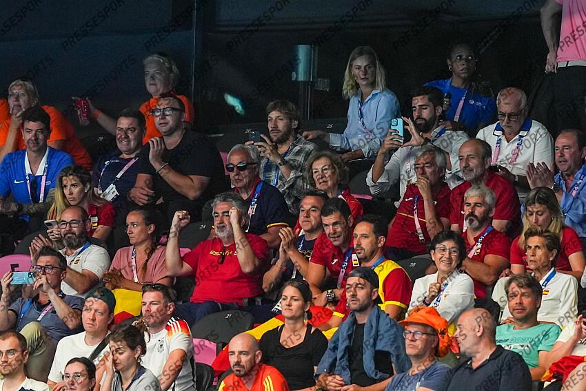 Alejandro Blanco, president of COE, Jose Manuel Rodriguez Uribes, President of Superior Sports Council CSD of Spain and Sofia, Queen Emeritus of Spain, are seen during Women's Gold Medal Match of the Water Polo between Australia and Spain on Paris La Defense Arena during the Paris 2024 Olympics Games on August 10, 2024 in Paris, France. AUSTRALIE-ESPAGNE 