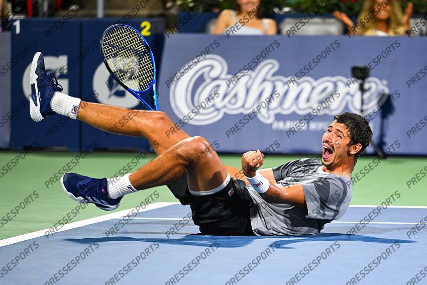 Aug 12, 2024; Montreal, Quebec, Canada; Alexei Popyrin (AUS) reacts after his win of the singles final at IGA Stadium. Mandatory Credit: David Kirouac-USA TODAY Sports FINALE POPYRIN/RUBLEV 