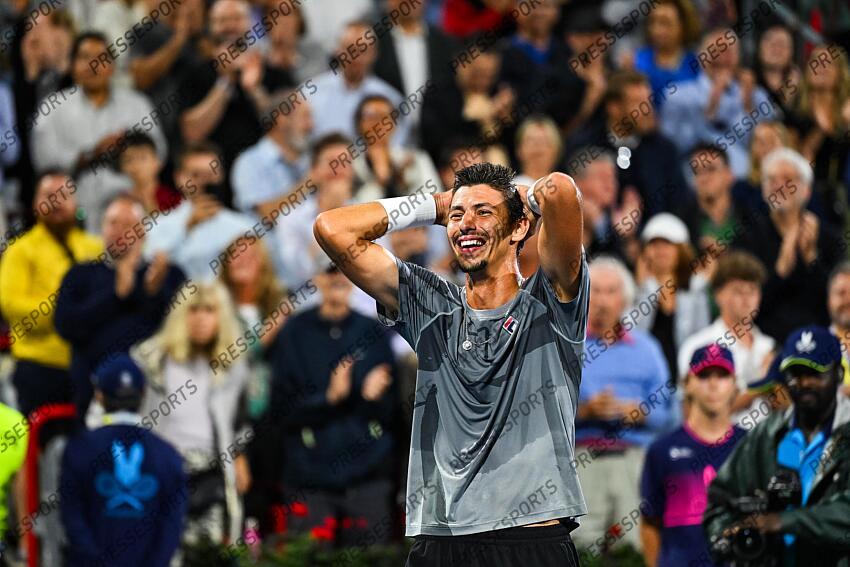 Aug 12, 2024; Montreal, Quebec, Canada; Alexei Popyrin (AUS) reacts after his win of the singles final at IGA Stadium. Mandatory Credit: David Kirouac-USA TODAY Sports FINALE POPYRIN/RUBLEV 
