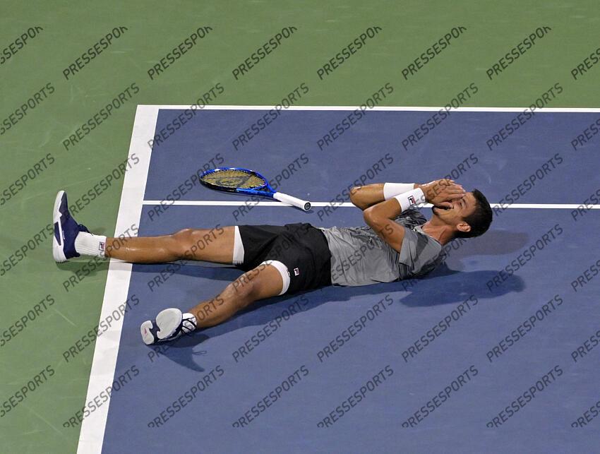 Aug 12, 2024; Montreal, Quebec, Canada; Alexei Popyrin (AUS) reacts after defeating Andrey Rublev (not pictured) in the men 