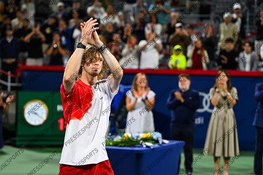 Aug 12, 2024; Montreal, Quebec, Canada; Andrey Rublev finalist of the singles final salutes the crowd at IGA Stadium. Mandatory Credit: David Kirouac-USA TODAY Sports FINALE POPYRIN/RUBLEV 