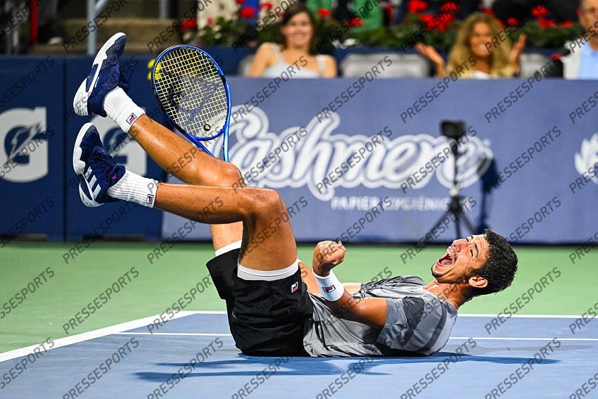 Aug 12, 2024; Montreal, Quebec, Canada; Alexei Popyrin (AUS) reacts after his win of the singles final at IGA Stadium. Mandatory Credit: David Kirouac-USA TODAY Sports FINALE POPYRIN/RUBLEV 