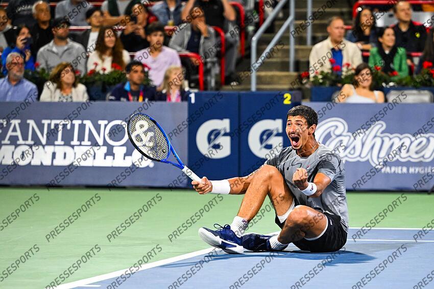 Aug 12, 2024; Montreal, Quebec, Canada; Alexei Popyrin (AUS) reacts after his win of the singles final at IGA Stadium. Mandatory Credit: David Kirouac-USA TODAY Sports FINALE POPYRIN/RUBLEV 