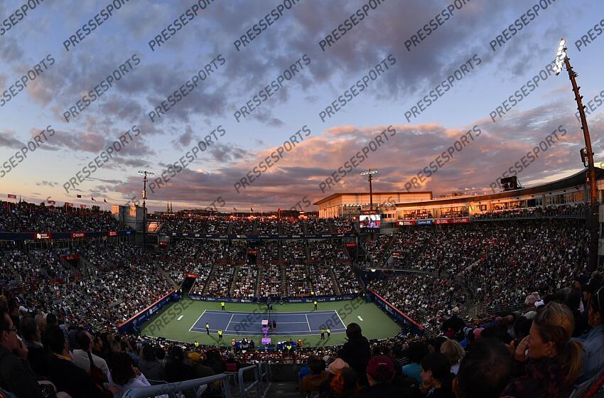 Aug 12, 2024; Montreal, Quebec, Canada; General view of the stadium during singles final play between Andrey Rublev and Alexei Popyrin (AUS) at IGA Stadium. Mandatory Credit: Eric Bolte-USA TODAY Sports FINALE POPYRIN/RUBLEV 