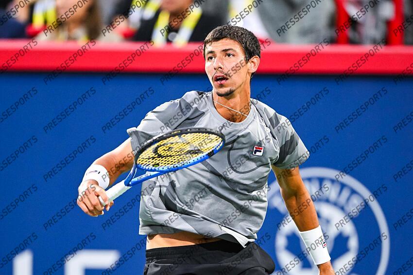 Aug 12, 2024; Montreal, Quebec, Canada; Alexei Popyrin (AUS) tracks his shot against Andrey Rublev (not pictured) during singles final play at IGA Stadium. Mandatory Credit: David Kirouac-USA TODAY Sports FINALE POPYRIN/RUBLEV 