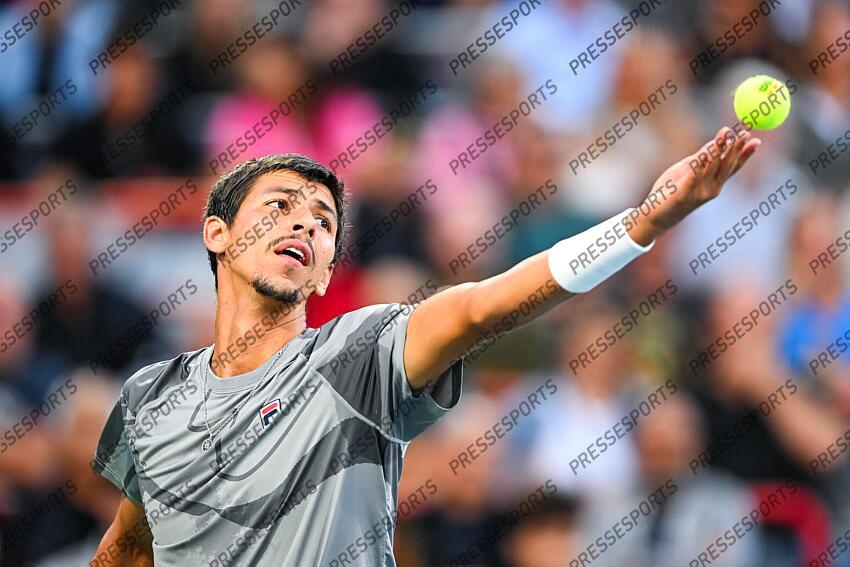 Aug 12, 2024; Montreal, Quebec, Canada; Alexei Popyrin (AUS) serves the ball to Andrey Rublev (not pictured) during singles final play at IGA Stadium. Mandatory Credit: David Kirouac-USA TODAY Sports FINALE POPYRIN/RUBLEV 
