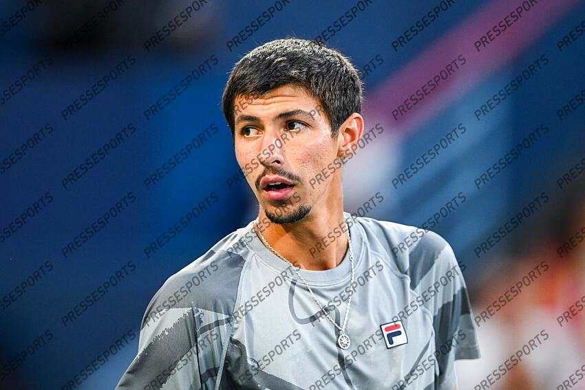 Aug 12, 2024; Montreal, Quebec, Canada; Alexei Popyrin (AUS) looks on against Andrey Rublev (not pictured) during singles final play at IGA Stadium. Mandatory Credit: David Kirouac-USA TODAY Sports FINALE POPYRIN/RUBLEV 