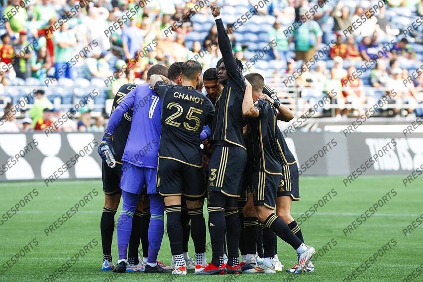 Aug 17, 2024; Seattle, Washington, USA; Los Angeles FC defender Jesus Murillo (3) huddles with teammates during the national anthem before a Leagues Cup quarterfinal match against the Seattle Sounders FC at Lumen Field. Mandatory Credit: Joe Nicholson-USA TODAY Sports MLS: Leagues Cup-Quarterfinals-LAFC at Seattle Sounders FC 