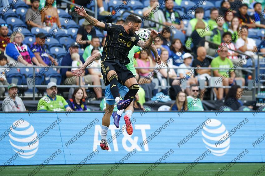 Aug 17, 2024; Seattle, Washington, USA; Los Angeles FC forward Olivier Giroud jumps for a header against the Seattle Sounders FC during the second half in a Leagues Cup quarterfinal match at Lumen Field. Mandatory Credit: Joe Nicholson-USA TODAY Sports MLS: Leagues Cup-Quarterfinals-LAFC at Seattle Sounders FC 