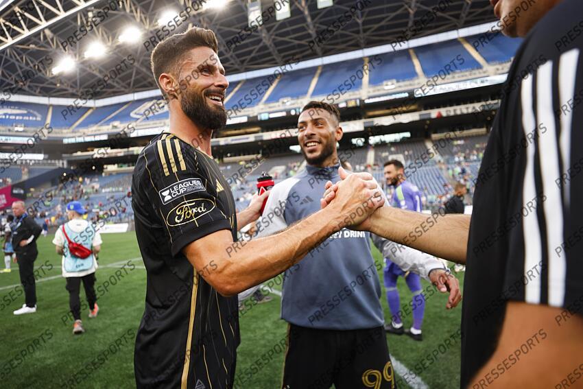 Aug 17, 2024; Seattle, Washington, USA; Los Angeles FC forward Olivier Giroud shakes hands with teammates following a Leagues Cup quarterfinal match against the Seattle Sounders FC at Lumen Field. Mandatory Credit: Joe Nicholson-USA TODAY Sports MLS: Leagues Cup-Quarterfinals-LAFC at Seattle Sounders FC 