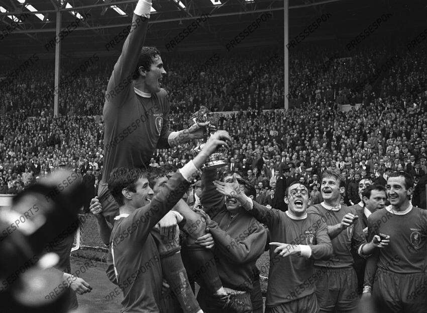 01 May 1965 FA Cup Final Leeds United v Liverpool; Liverpool captain Ron Yeats is lifted onto the shoulders of his team mates watched by Ian St John, Roger Hunt and Gerry Byrne. Photo: Gerry Cranham. FA Cup Final 1965 