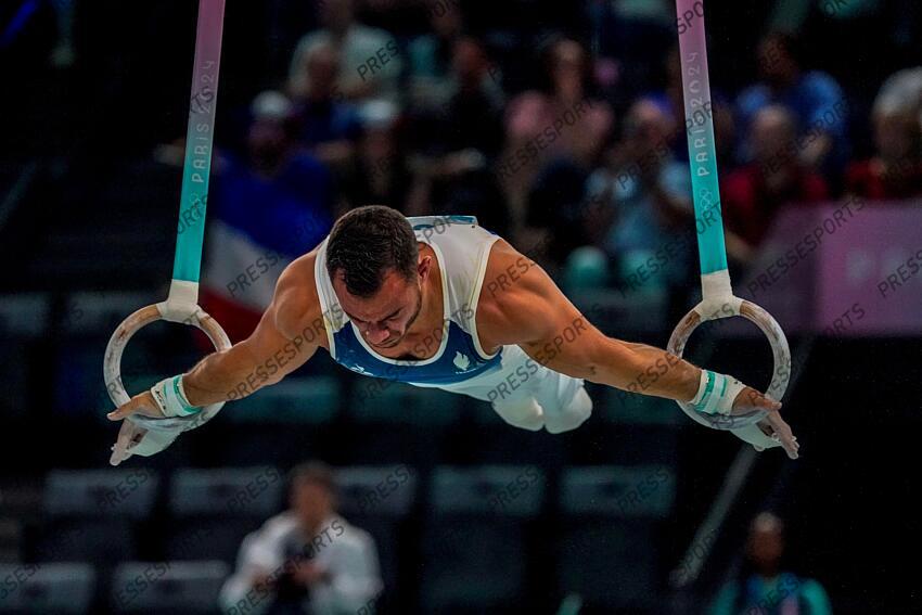 PARIS, FRANCE - JUILLET24-AOUT O2: Samir Ait Said of Team France durant les qualifications aux anneaux durant les Jeux Olympiques PARIS 2024 le 27 juillet 2024, Paris, France (Photo by Michel Cottin/Agence Zoom) ANNEAUX HOMMES 