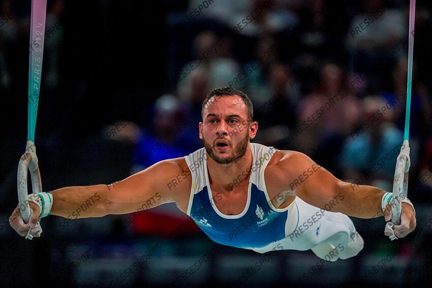 PARIS, FRANCE - JUILLET24-AOUT O2: Samir Ait Said of Team France durant l'épeuve de qualification aux anneaux durant les Jeux Olympiques PARIS 2024 le 27 juillet 2024, Paris, France (Photo by Michel Cottin/Agence Zoom) ANNEAUX HOMMES 