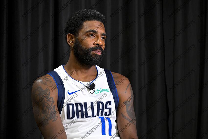 Sep 30, 2024; Dallas, TX, USA; Dallas Mavericks guard Kyrie Irving (11) is interviewed during the 2024 Dallas Mavericks media day. Mandatory Credit: Jerome Miron-Imagn Images Dallas Mavericks-Media Day 