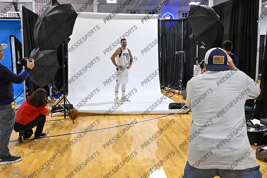 Sep 30, 2024; Dallas, TX, USA; Dallas Mavericks guard Luka Doncic (77) poses for a photo during the 2024 Dallas Mavericks media day. Mandatory Credit: Jerome Miron-Imagn Images Dallas Mavericks-Media Day 
