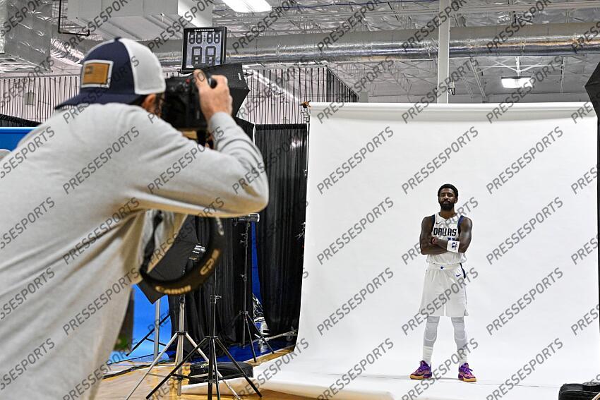 Sep 30, 2024; Dallas, TX, USA; Dallas Mavericks guard Kyrie Irving (11) poses for a photo during the 2024 Dallas Mavericks media day. Mandatory Credit: Jerome Miron-Imagn Images Dallas Mavericks-Media Day 
