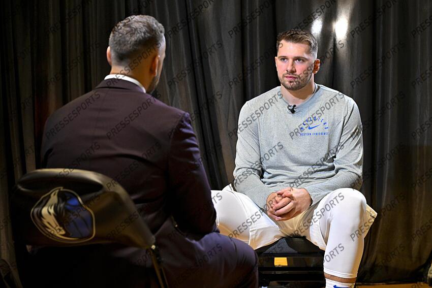 Sep 30, 2024; Dallas, TX, USA; Dallas Mavericks guard Luka Doncic (77) is interviewed during the 2024 Dallas Mavericks media day. Mandatory Credit: Jerome Miron-Imagn Images Dallas Mavericks-Media Day 