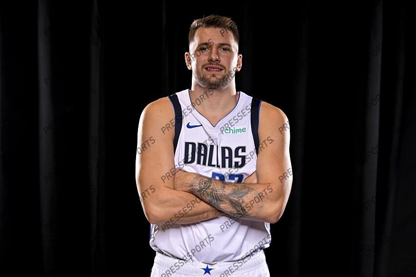 Sep 30, 2024; Dallas, TX, USA; Dallas Mavericks guard Luka Doncic (77) poses for a photo during the 2024 Dallas Mavericks media day. Mandatory Credit: Jerome Miron-Imagn Images Dallas Mavericks-Media Day 