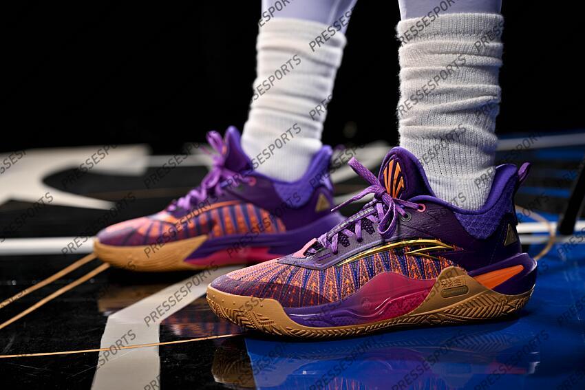 Sep 30, 2024; Dallas, TX, USA; A view of the shoes of Dallas Mavericks guard Kyrie Irving (11) as he poses for a photo during the 2024 Dallas Mavericks media day. Mandatory Credit: Jerome Miron-Imagn Images Dallas Mavericks-Media Day 