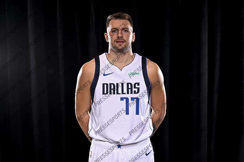 Sep 30, 2024; Dallas, TX, USA; Dallas Mavericks guard Luka Doncic (77) poses for a photo during the 2024 Dallas Mavericks media day. Mandatory Credit: Jerome Miron-Imagn Images Dallas Mavericks-Media Day 