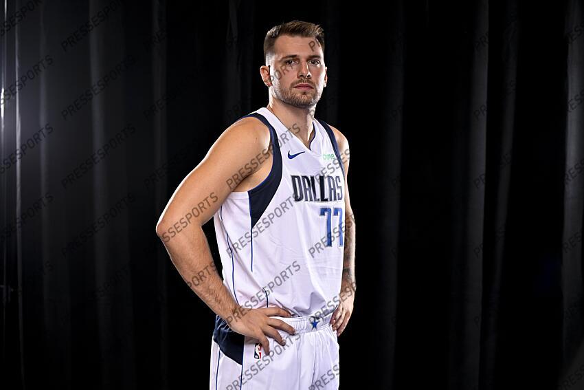Sep 30, 2024; Dallas, TX, USA; Dallas Mavericks guard Luka Doncic (77) poses for a photo during the 2024 Dallas Mavericks media day. Mandatory Credit: Jerome Miron-Imagn Images Dallas Mavericks-Media Day 