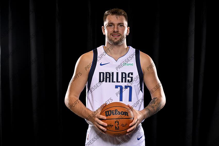 Sep 30, 2024; Dallas, TX, USA; Dallas Mavericks guard Luka Doncic (77) poses for a photo during the 2024 Dallas Mavericks media day. Mandatory Credit: Jerome Miron-Imagn Images Dallas Mavericks-Media Day 