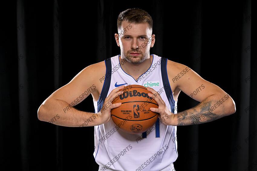 Sep 30, 2024; Dallas, TX, USA; Dallas Mavericks guard Luka Doncic (77) poses for a photo during the 2024 Dallas Mavericks media day. Mandatory Credit: Jerome Miron-Imagn Images Dallas Mavericks-Media Day 