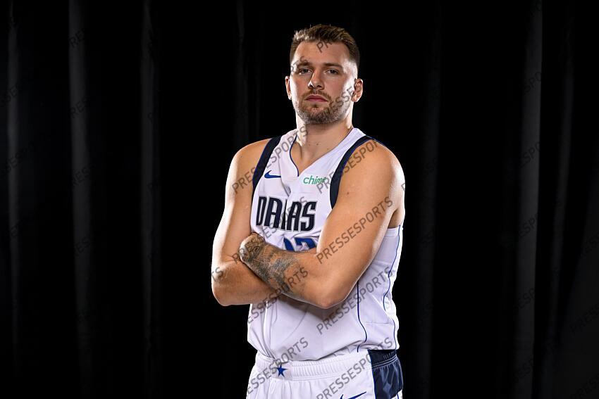 Sep 30, 2024; Dallas, TX, USA; Dallas Mavericks guard Luka Doncic (77) poses for a photo during the 2024 Dallas Mavericks media day. Mandatory Credit: Jerome Miron-Imagn Images Dallas Mavericks-Media Day 