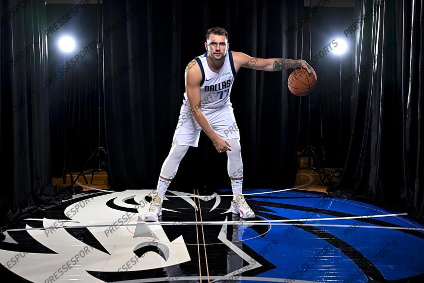 Sep 30, 2024; Dallas, TX, USA; Dallas Mavericks guard Luka Doncic (77) poses for a photo during the 2024 Dallas Mavericks media day. Mandatory Credit: Jerome Miron-Imagn Images Dallas Mavericks-Media Day 