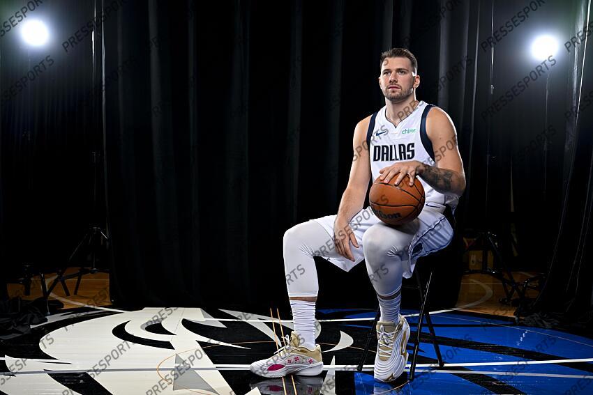 Sep 30, 2024; Dallas, TX, USA; Dallas Mavericks guard Luka Doncic (77) poses for a photo during the 2024 Dallas Mavericks media day. Mandatory Credit: Jerome Miron-Imagn Images Dallas Mavericks-Media Day 