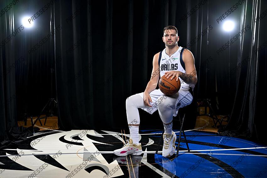 Sep 30, 2024; Dallas, TX, USA; Dallas Mavericks guard Luka Doncic (77) poses for a photo during the 2024 Dallas Mavericks media day. Mandatory Credit: Jerome Miron-Imagn Images Dallas Mavericks-Media Day 