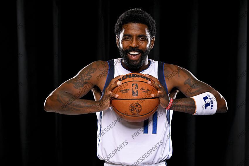 Sep 30, 2024; Dallas, TX, USA; Dallas Mavericks guard Kyrie Irving (11) poses for a photo during the 2024 Dallas Mavericks media day. Mandatory Credit: Jerome Miron-Imagn Images Dallas Mavericks-Media Day 